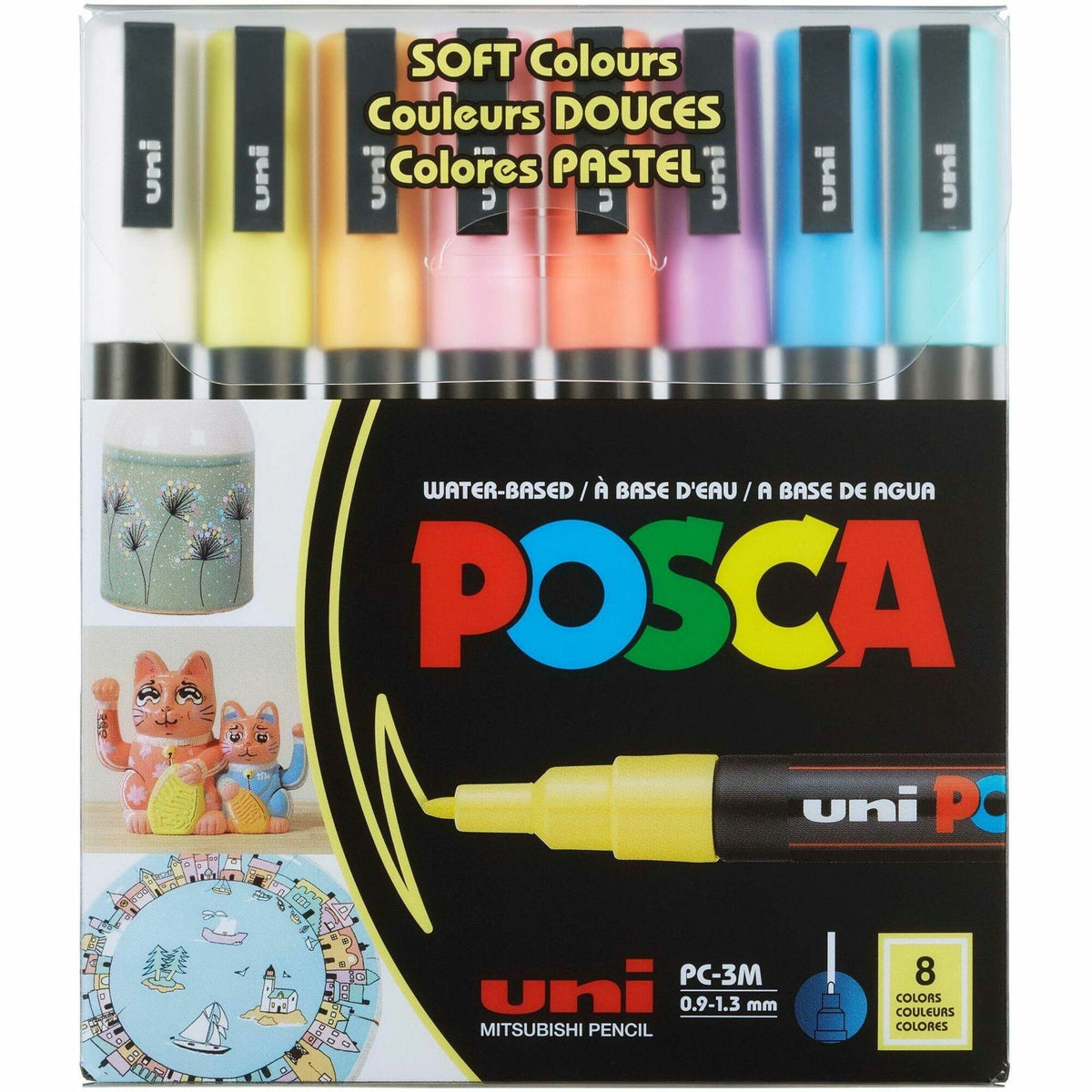 uniball&#8482; POSCA Paint Marker - 0.9 mm Fine Bullet, 1.3 mm Marker Point - Erasable - Washable - White, Yellow, Apricot, Pink, Lavender, Blue, Green Ink - Water Based - 8 / Pack