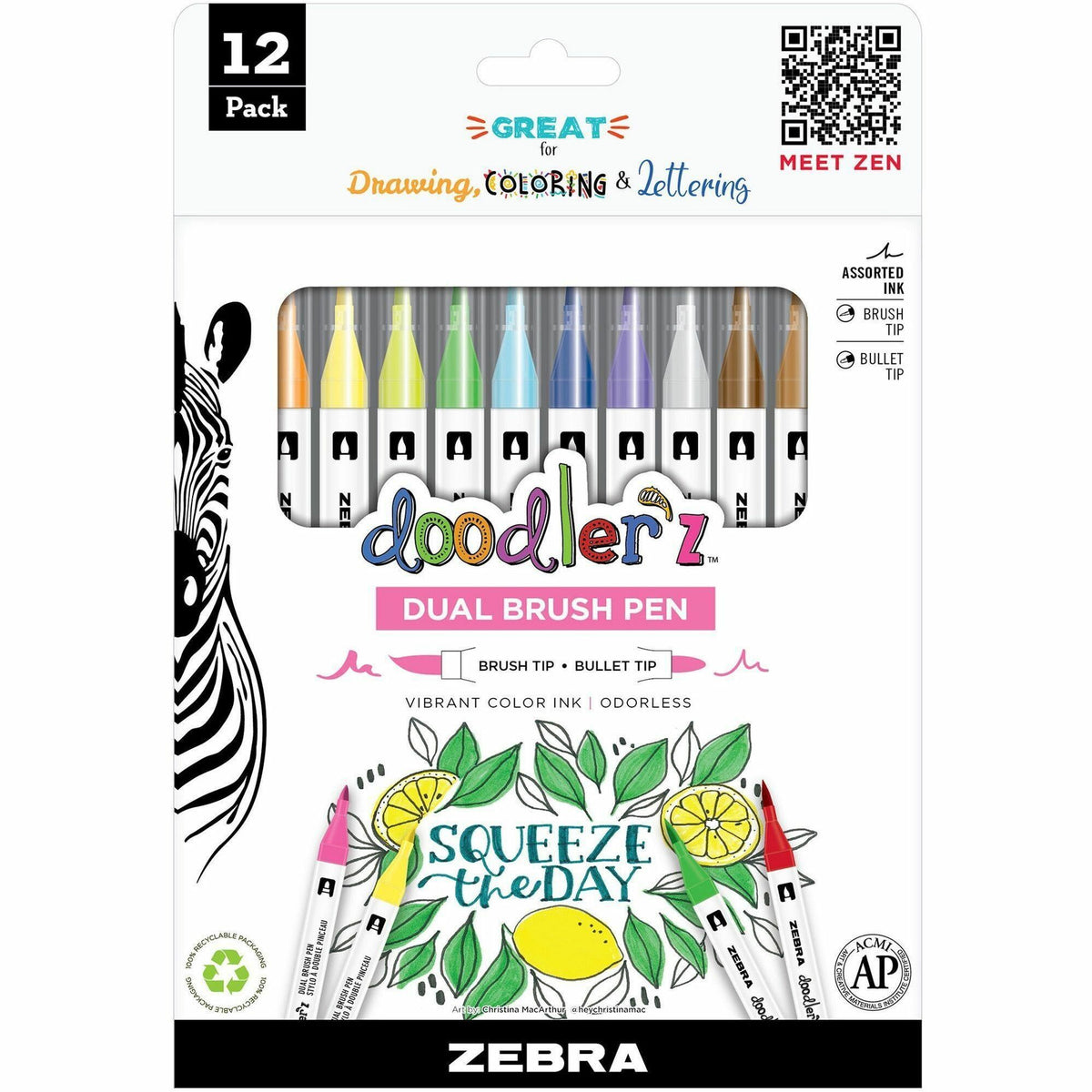 Zebra Pen Doodler'z Dual Brush Pen - Bullet, Brush Pen Point - Assorted Ink - Water Based - 12 / Pack
