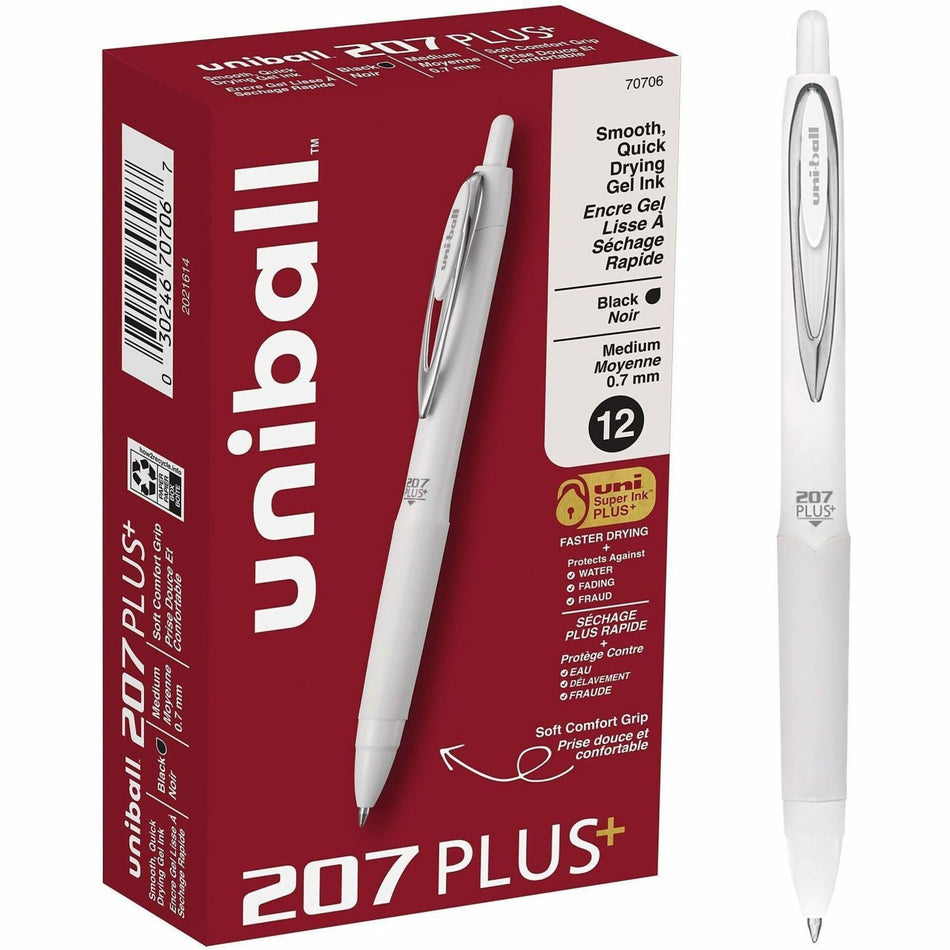 uniball&#8482; 207 Plus Retractable Gel Pens - 0.7 mm Medium Pen Point - Retractable - Black Ink - Nanofiber Ink, Gel-based - White Barrel - Stainless Steel Tip - 1 Dozen