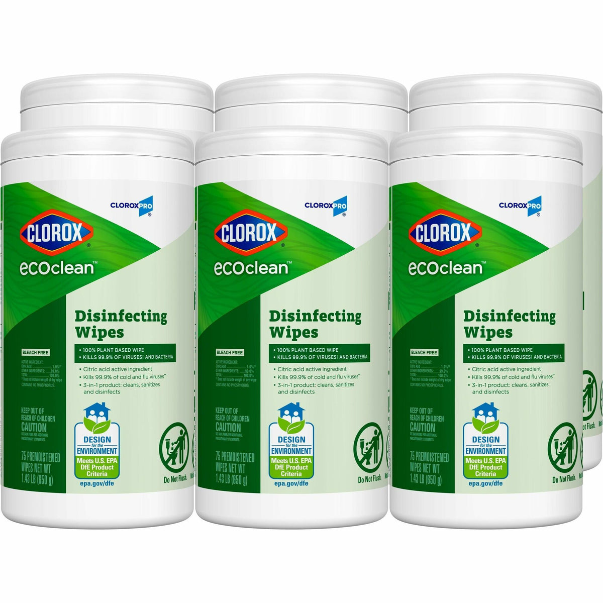 Clorox EcoClean Disinfecting Wipes - For Multi Surface, Multipurpose - Ready-To-Use - Wipe - Dye-free, Bleach-free, Ammonia-free, Chemical-free - Green - 75/Tub - 6 / Carton