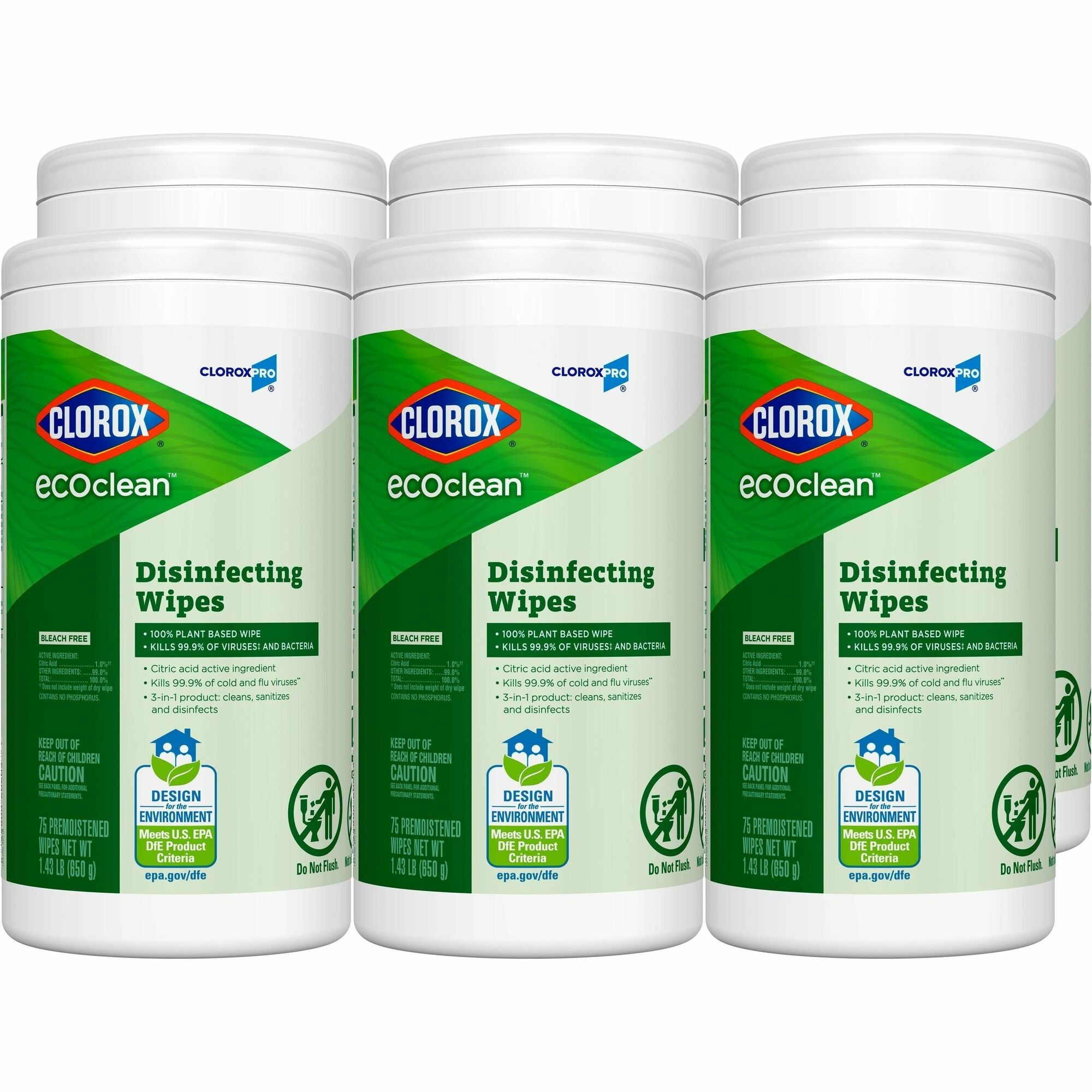 Clorox EcoClean Disinfecting Wipes - For Multi Surface, Multipurpose - Ready-To-Use - Wipe - Dye-free, Bleach-free, Ammonia-free, Chemical-free - Green - 75/Tub - 6 / Carton