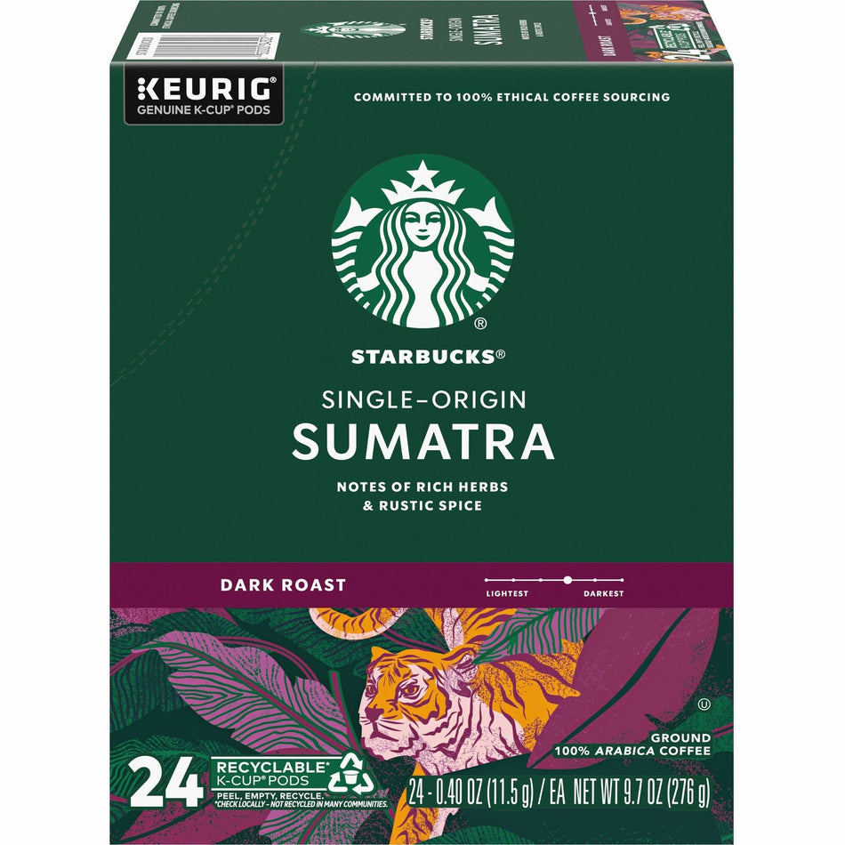 Starbucks® K-Cup Sumatra Coffee - Compatible with Keurig Brewer - Dark - K-Cup - Sumatra - 24 / Box