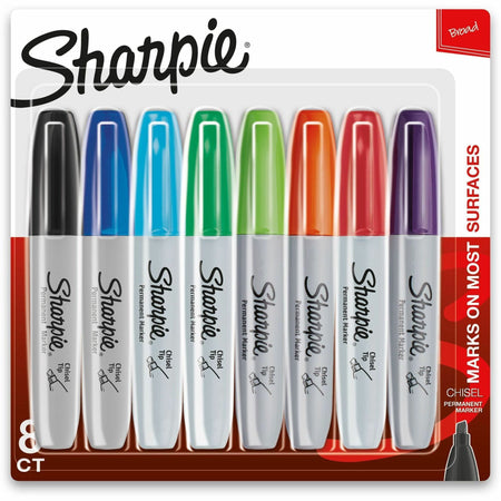 Sharpie Chisel Tip Permanent Markers - Thin Chisel, Thick Marker Point - Assorted Ink - Alcohol Based - 8 / Pack