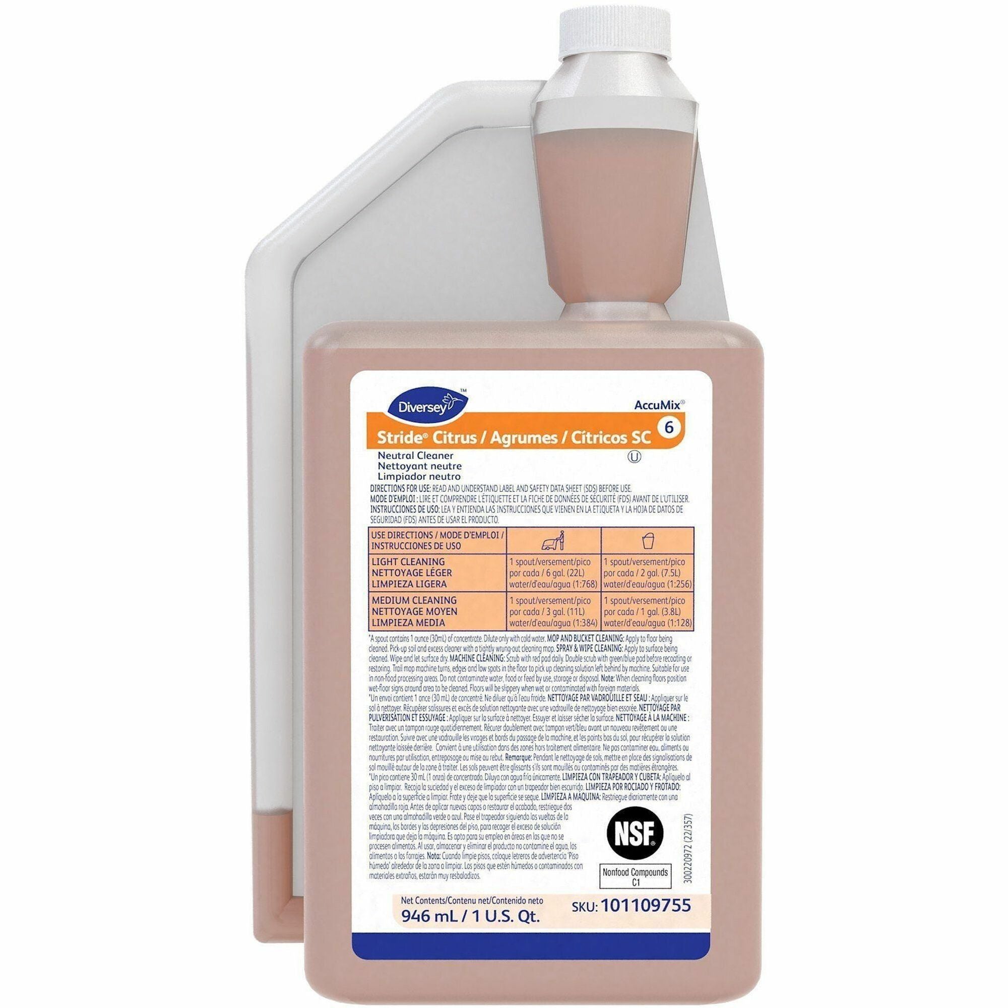 Diversey Neutral Floor Cleaner - For Floor - Concentrate - 32 fl oz (1 quart) - Citrus Scent - Non Alkaline, Film-free, Rinse-free, Low Foaming - Orange Spray - 1 Each