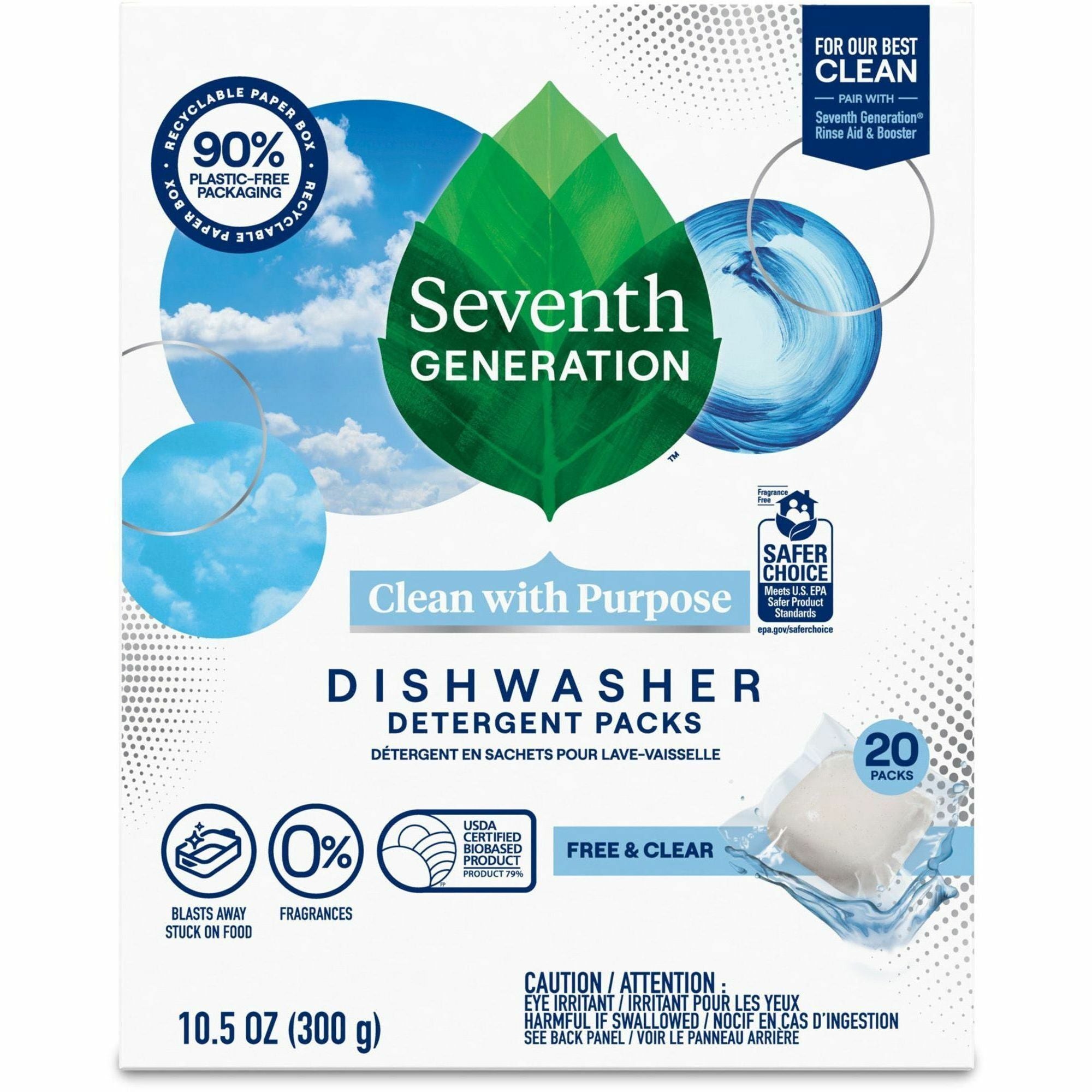 Seventh Generation Natural Dishwasher Detergent - For Dish - Free & Clear Scent - Dirt Resistant, Spill Resistant, Easy to Use, Grease Resistant, Hypoallergenic, Bio-based, Kosher, Fragrance-free, Dye-free, Phosphate-free, Gluten-free - Clear - 20 / Pack