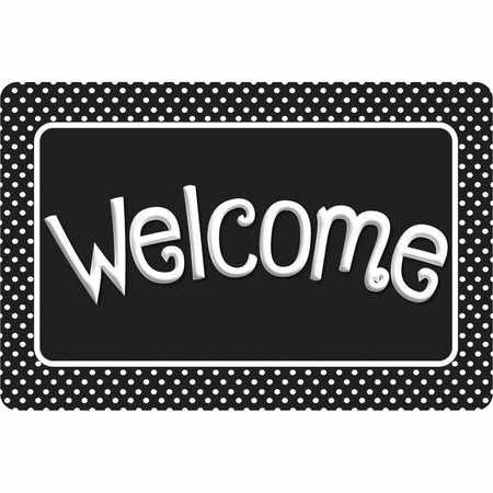 Ashley Smart Poly Original Fun Welcome Mat - Classroom, Student, Floor - 15.50" Length x 23.50" Width - Welcome, BK/WE Polka Dots - Multicolor - 1 Each