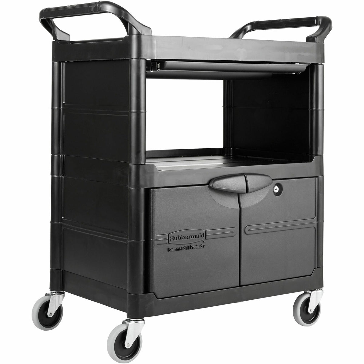 Rubbermaid Commercial Service Utility Cart - Round Handle - 300 lb Load Capacity - 4 Casters - Plastic, Metal - 33.63" Length x 18.63" Width x 37.75" Height - Black - 1 Each