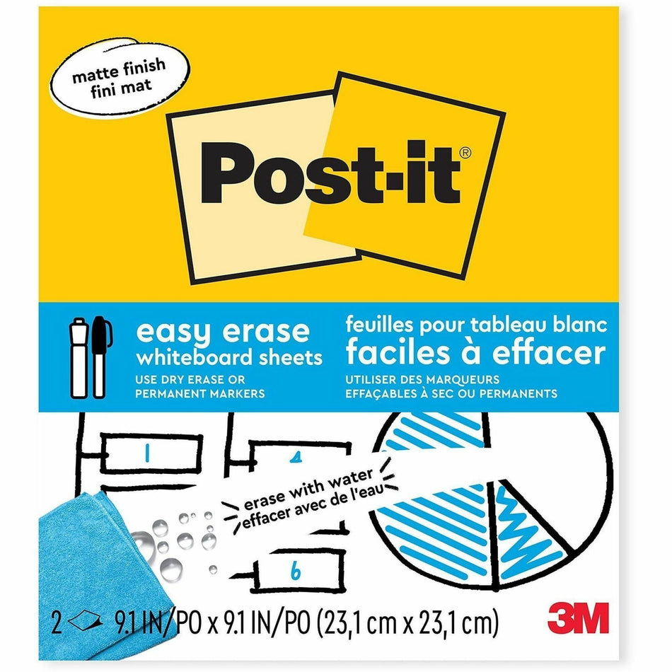 3M Easy Erase Permanent Marker Whiteboard Sheets - White Sheet Color - Stain Proof - 2/Pack - 1 Each