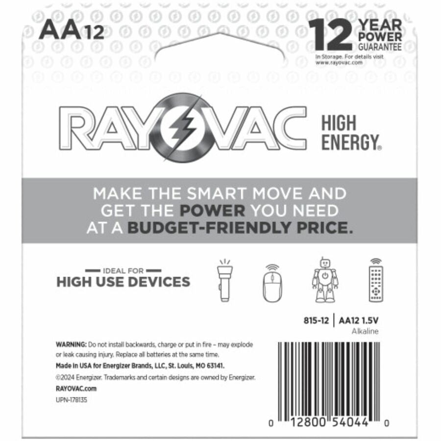 Rayovac Alkaline AA Batteries - For Flashlight, Mouse, Remote Control, Household - AA - 12 / Pack