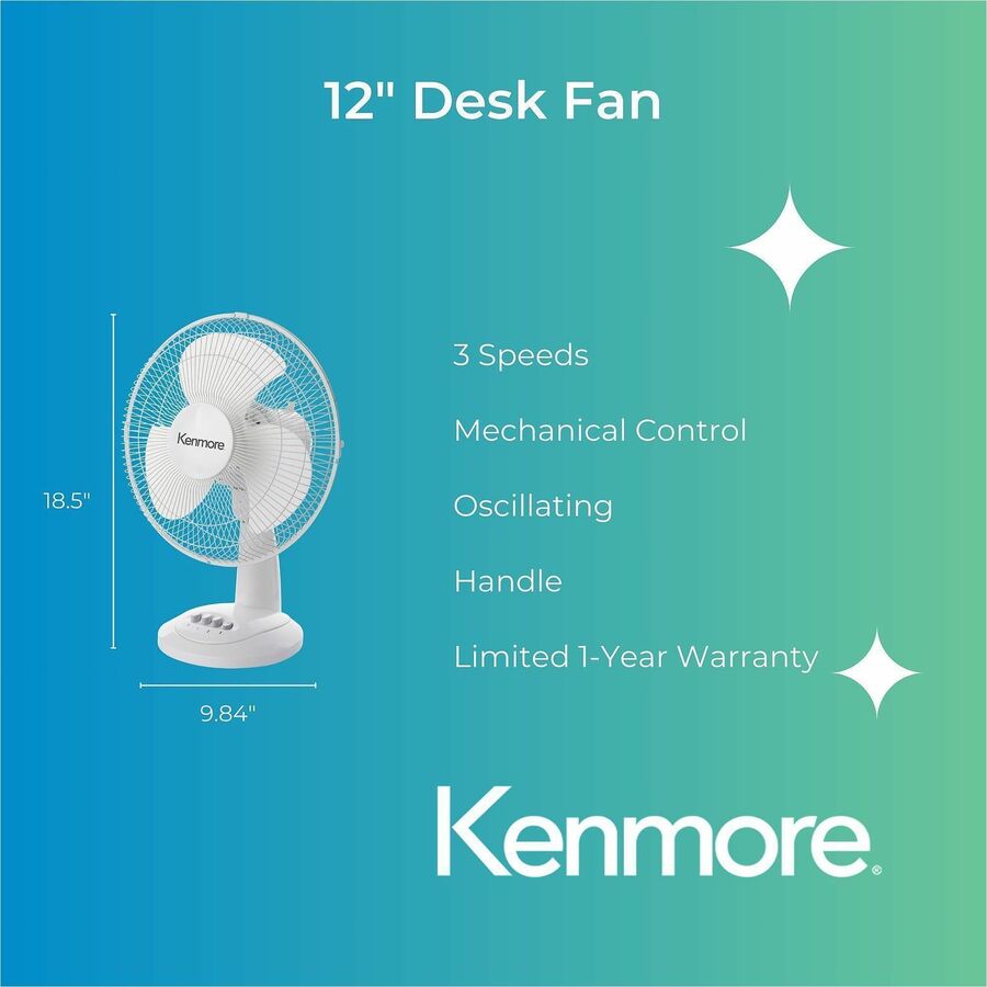 Kenmore 12" Desk Fan - 3 Speed - Oscillating, Air Circulation - White
