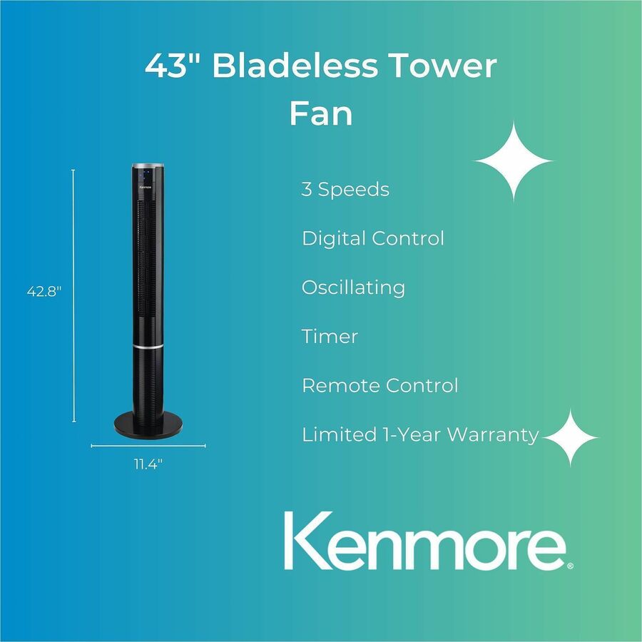 Kenmore Bladeless Tower Fan - 3 Speed - Bladeless, Oscillating, Timer, Energy Efficient - Black