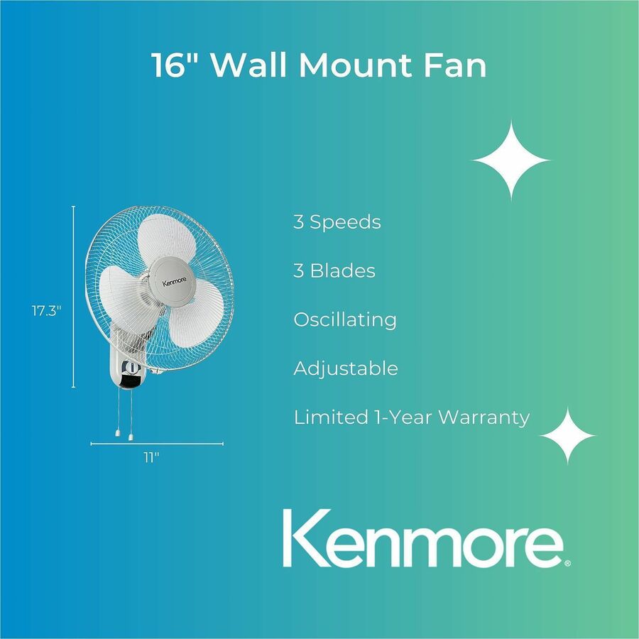 Kenmore 16" Wall Fan - 3 Speed - Oscillating, Adjustable - White