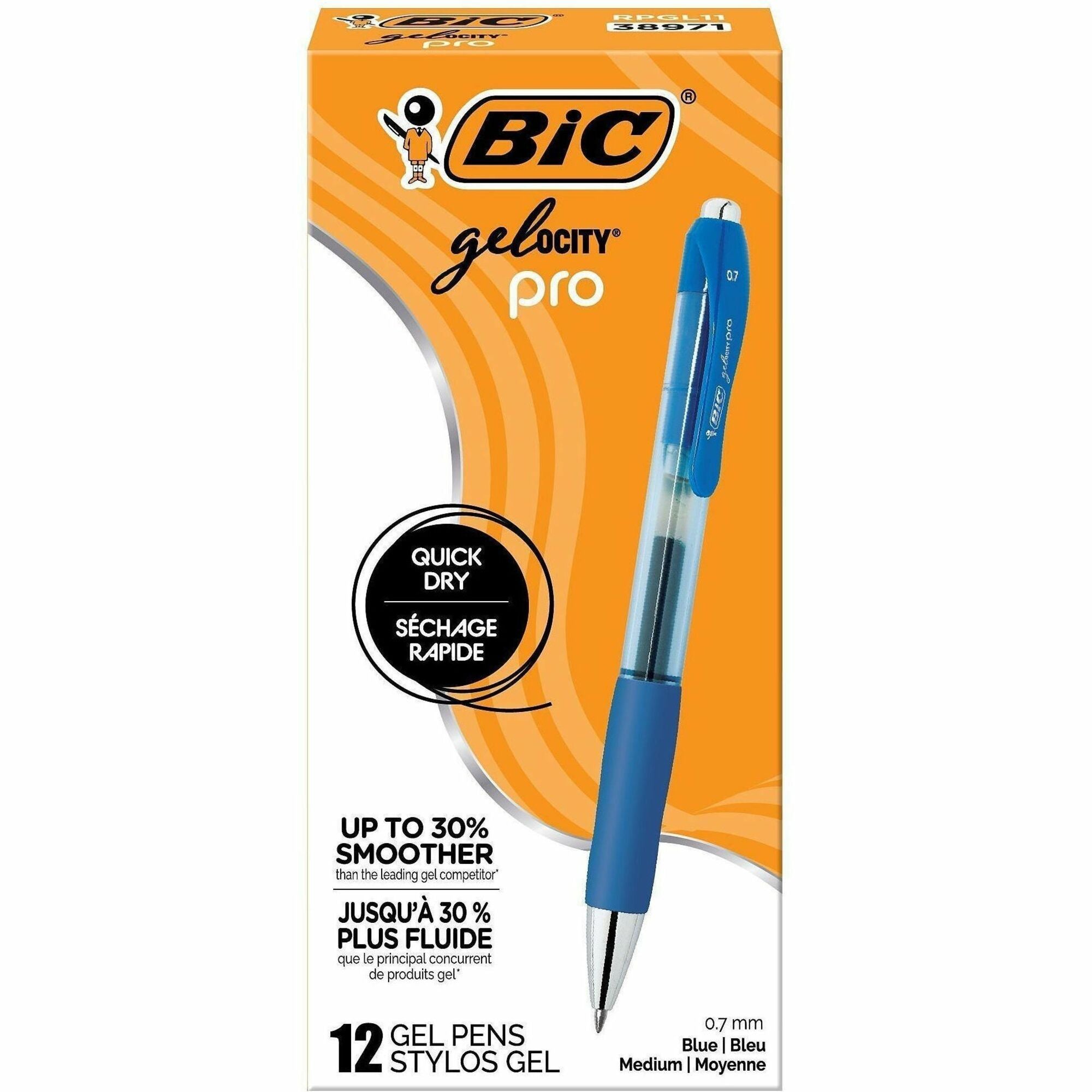 BIC Gelocity Pro Gel Pen - 0.7 mm Medium Pen Point - Retractable - Blue Ink - Gel-based - Round Barrel - 1 Dozen