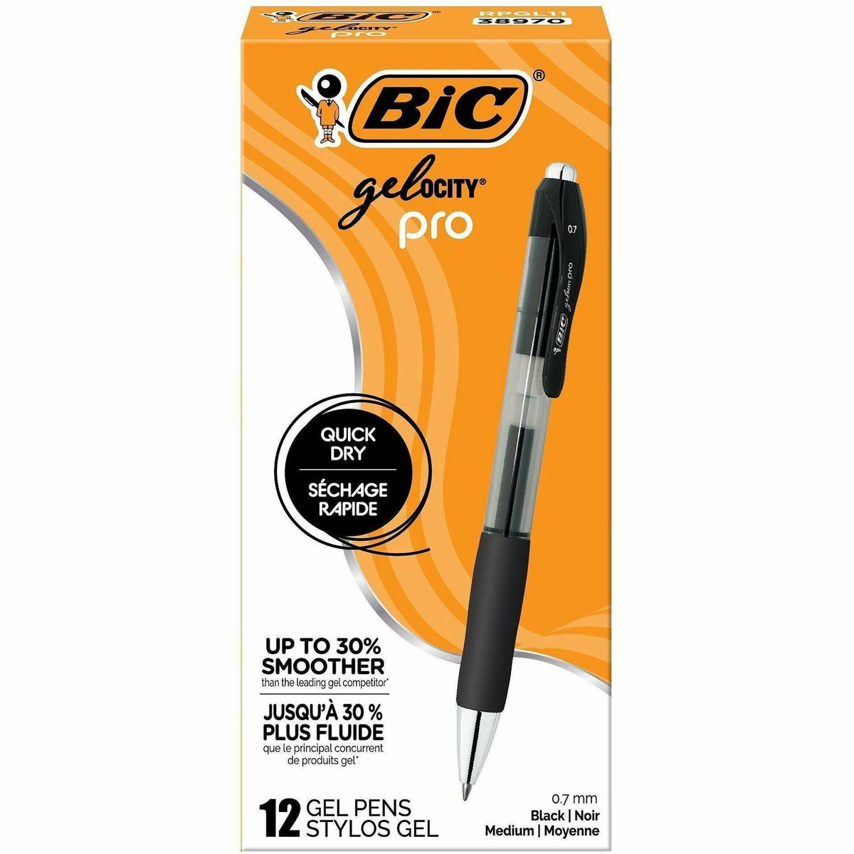 BIC Gelocity Pro Gel Pen - 0.7 mm Medium Pen Point - Retractable - Black Ink - Gel-based - Round Barrel - 1 Dozen