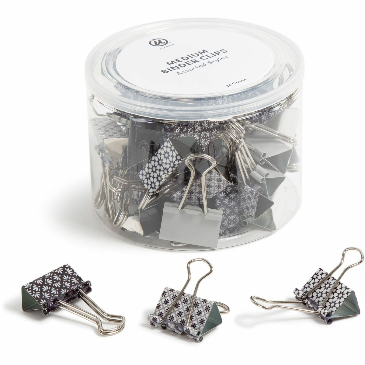 U Brands Binder Clip - Medium - 1" Width - 145 Sheet Capacity - for Paperwork, Paper, Office, Home, School, Document, Notes, File, Assignment - Acid-free, Non-magnetic, Durable, Non-slip Grip - Assorted, Silver, White, Black - Steel, Metal - 36 / Pack