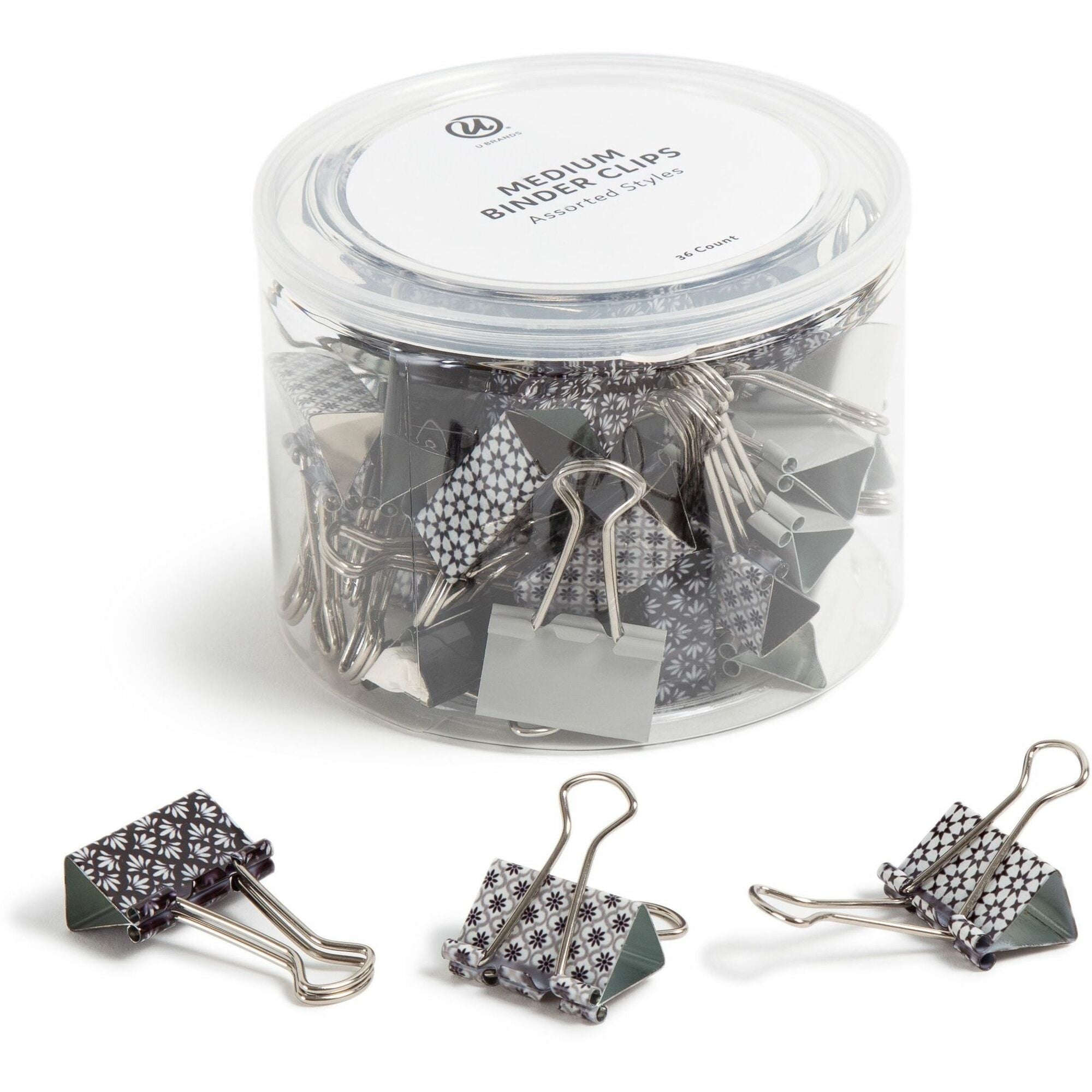 U Brands Binder Clip - Medium - 1" Width - 145 Sheet Capacity - for Paperwork, Paper, Office, Home, School, Document, Notes, File, Assignment - Acid-free, Non-magnetic, Durable, Non-slip Grip - Assorted, Silver, White, Black - Steel, Metal - 36 / Pack