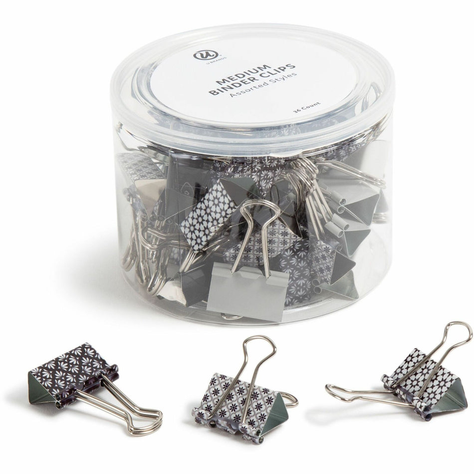 U Brands Binder Clip - Medium - 1" Width - 145 Sheet Capacity - for Paperwork, Paper, Office, Home, School, Document, Notes, File, Assignment - Acid-free, Non-magnetic, Durable, Non-slip Grip - Assorted, Silver, White, Black - Steel, Metal - 36 / Pack