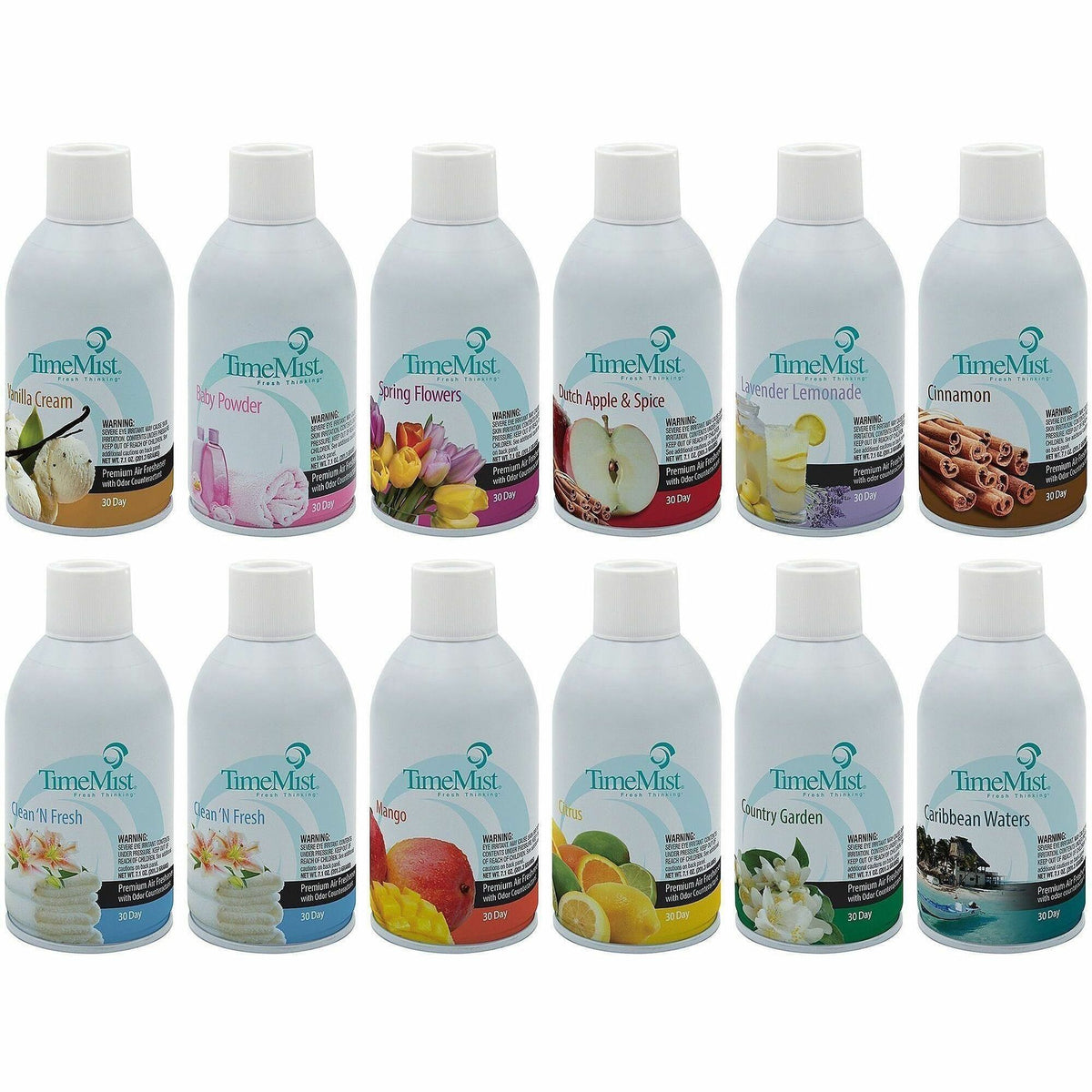 TimeMist Air Freshener Assortment - Clean and Fresh, Mango, Citrus, Country Garden, Caribbean Waters, Vanilla, Lavender Lemonade, Dutch Apple/Spice, Spring Flower, Baby Powder, Cinnamon - 30 Day - Long Lasting, Odor Neutralizer - 12 / Carton