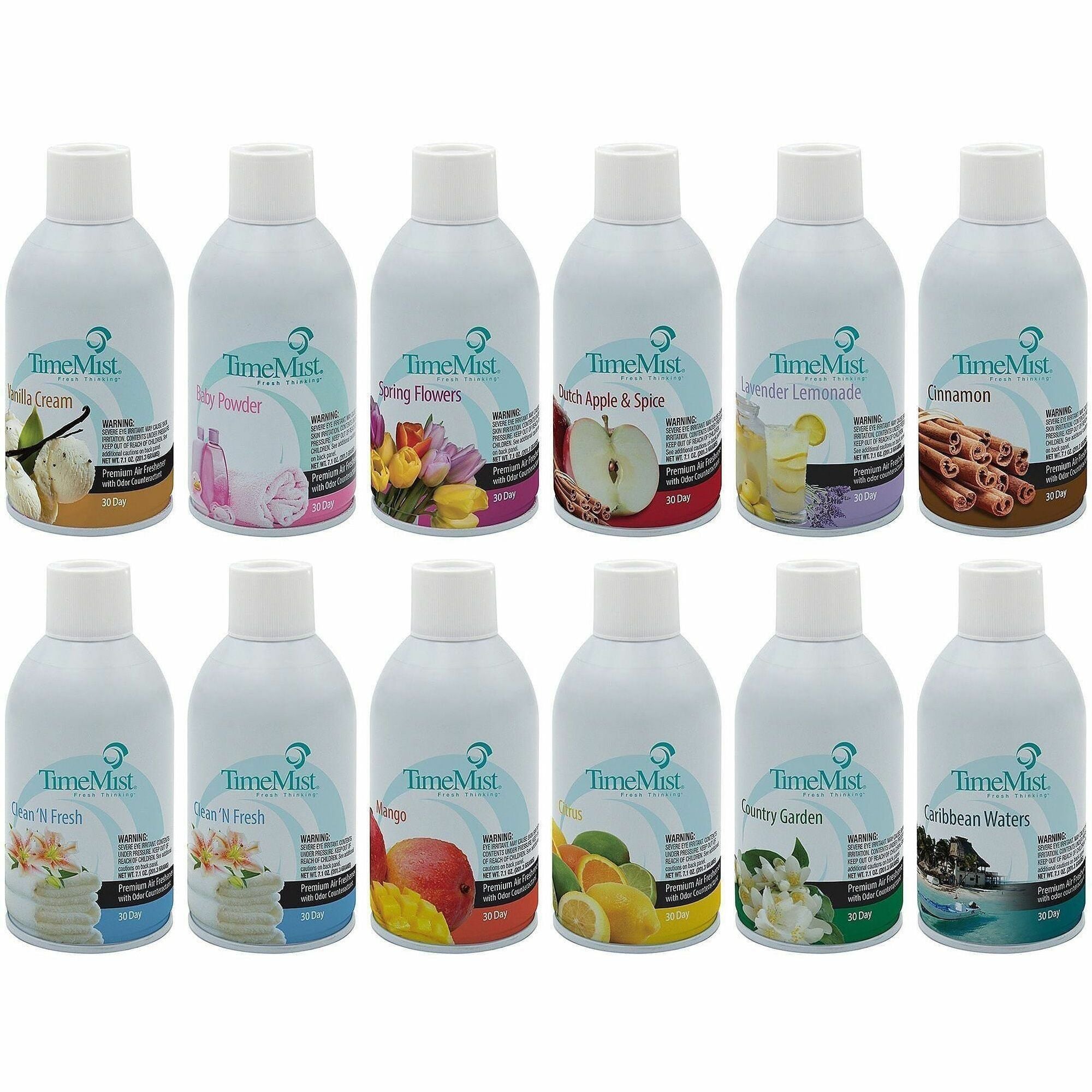 TimeMist Air Freshener Assortment - Clean and Fresh, Mango, Citrus, Country Garden, Caribbean Waters, Vanilla, Lavender Lemonade, Dutch Apple/Spice, Spring Flower, Baby Powder, Cinnamon - 30 Day - Long Lasting, Odor Neutralizer - 12 / Carton