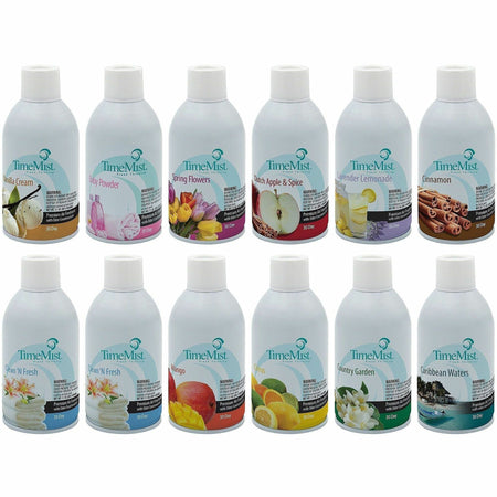 TimeMist Air Freshener Assortment - Clean and Fresh, Mango, Citrus, Country Garden, Caribbean Waters, Vanilla, Lavender Lemonade, Dutch Apple/Spice, Spring Flower, Baby Powder, Cinnamon - 30 Day - Long Lasting, Odor Neutralizer - 12 / Carton