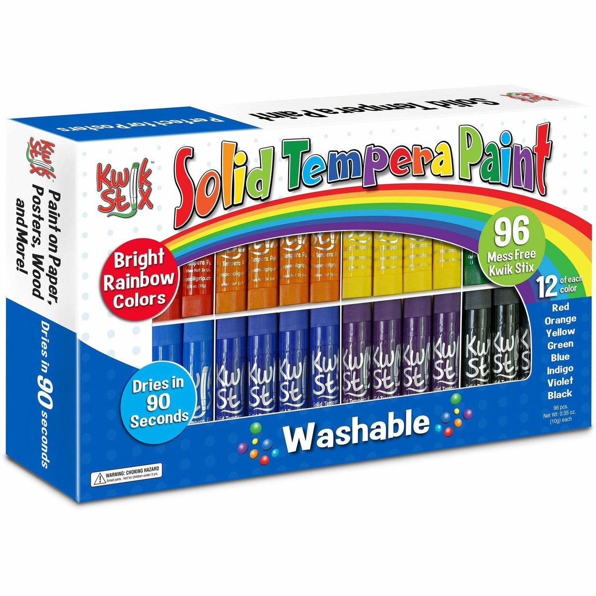 Kwik Stix Kwik Stix Tempera Paint/Paper Set - Stick - Red, Orange, Yellow, Green, Light Blue, Dark Blue, Purple, Black - Washable - 96/Set - 1 Each