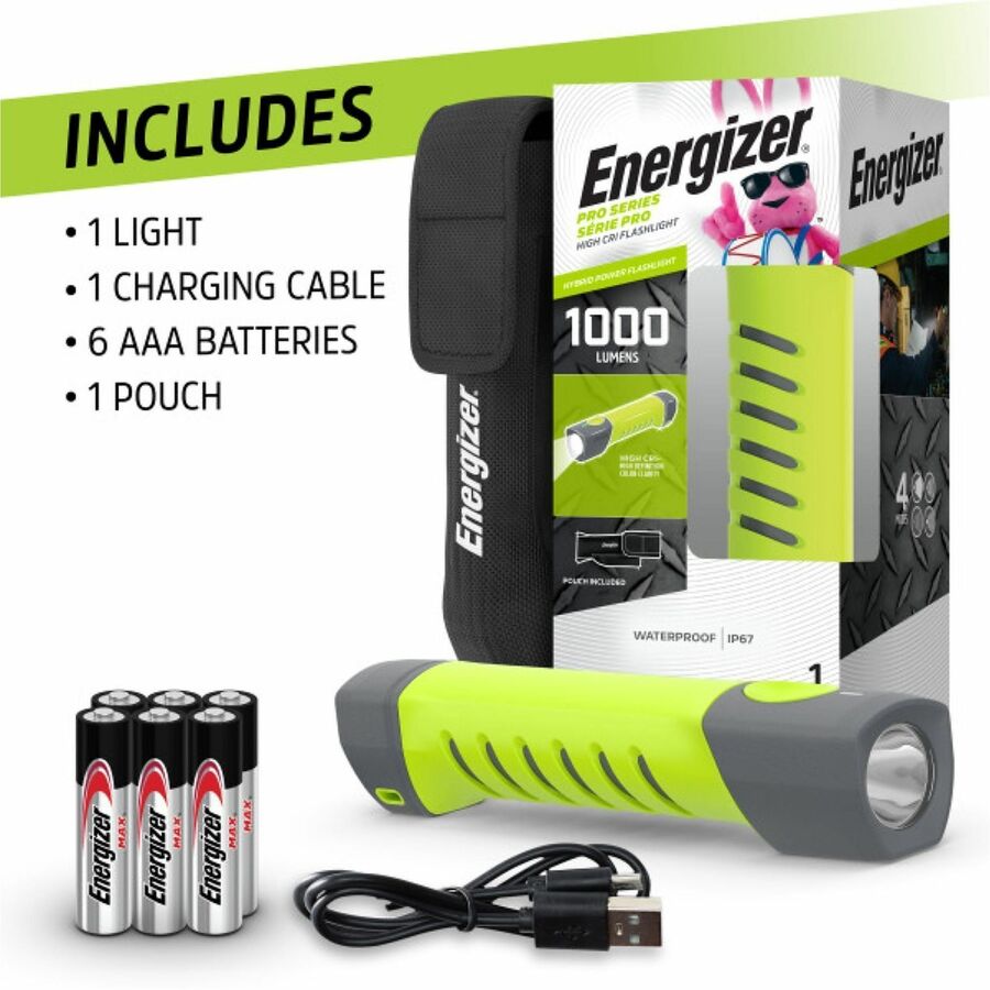 Energizer Hybrid Pro Handheld High CRI Flashlight - LED - 1000 lm Lumen - AAA - Battery Rechargeable - Battery - Water Proof, Dust Proof - Green, Gray - 1 Each