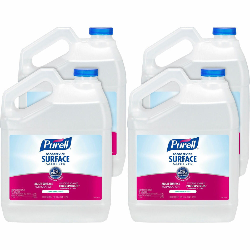 PURELL® Foodservice Surface Sanitizer - For Surface, Multi Surface - Liquid - 128 fl oz (4 quart) - Fragrance-free, Disinfectant, Kosher, Refillable - Clear Bottle - 4 / Carton