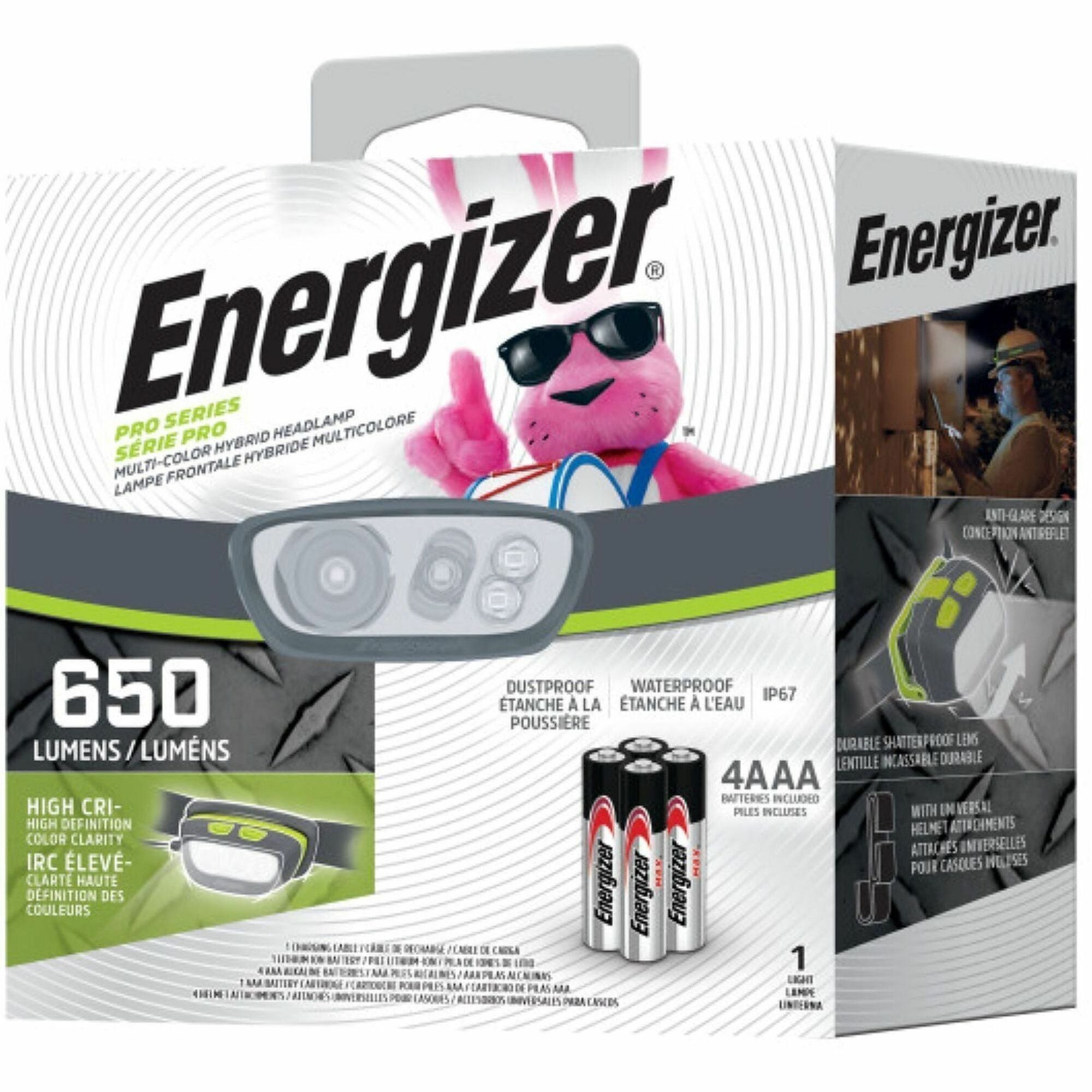 Energizer Multicolor Hybrid Headlamp - LED - 650 lm Lumen - AAA - Lithium Ion (Li-Ion) - Battery Rechargeable - Battery - Water Proof, Shatter Proof, Dust Proof - Gray, Green - 1 Each