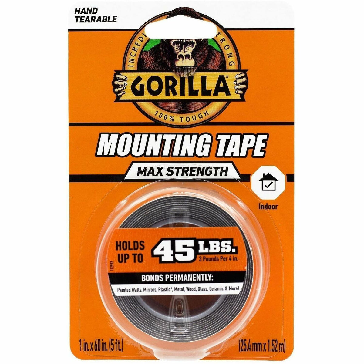 Gorilla Glue Max-Strength Mounting Tape - 5 ft Length x 1" Width - Black - For Mounting, Multi Surface, Indoor - 1 Each