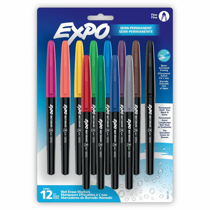 Expo Wet-Erase Markers: Erasable Ink Assorted Colors - 12 Pack - Markers & Dry-Erase