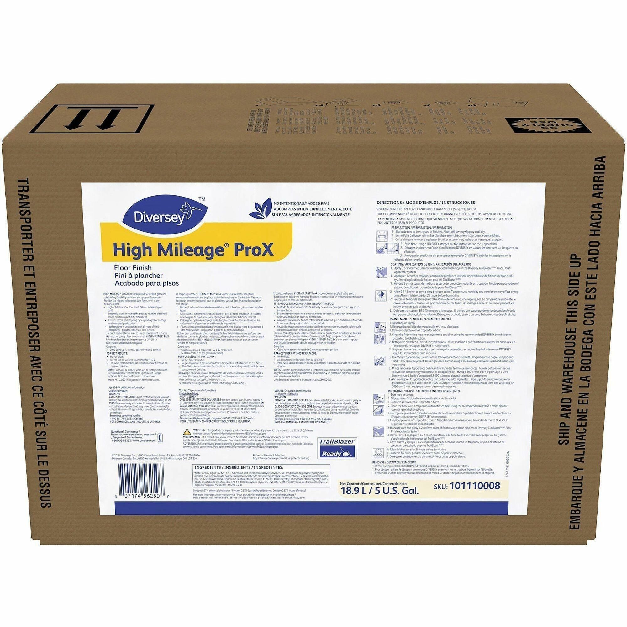 Diversey High Mileage ProX - For Hard Floor, Polished Surface, Glazed Surface, Ceramic Tile Floor - Ready-To-Use - Liquid - 640 fl oz (20 quart) - 8.2 pH - Solvent Scent - Low Odor, Non-yellowing, Durable, Slip Resistant - White, Clear - 1 Each