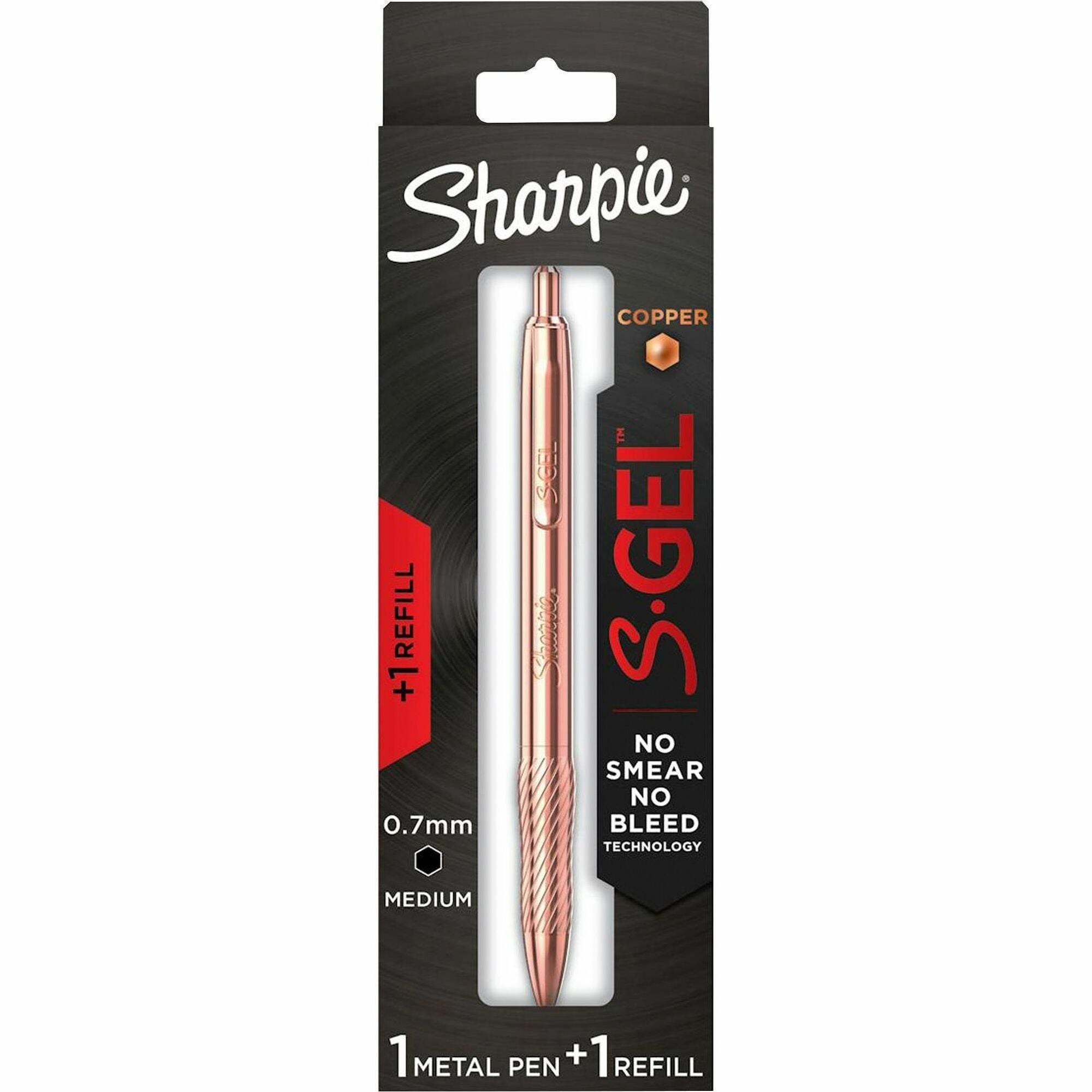 Sharpie S-Gel Pens - 0.7 mm Medium Pen Point - Refillable - Black Ink - Copper Plated Brass Metal Alloy Barrel - 1 / Pack