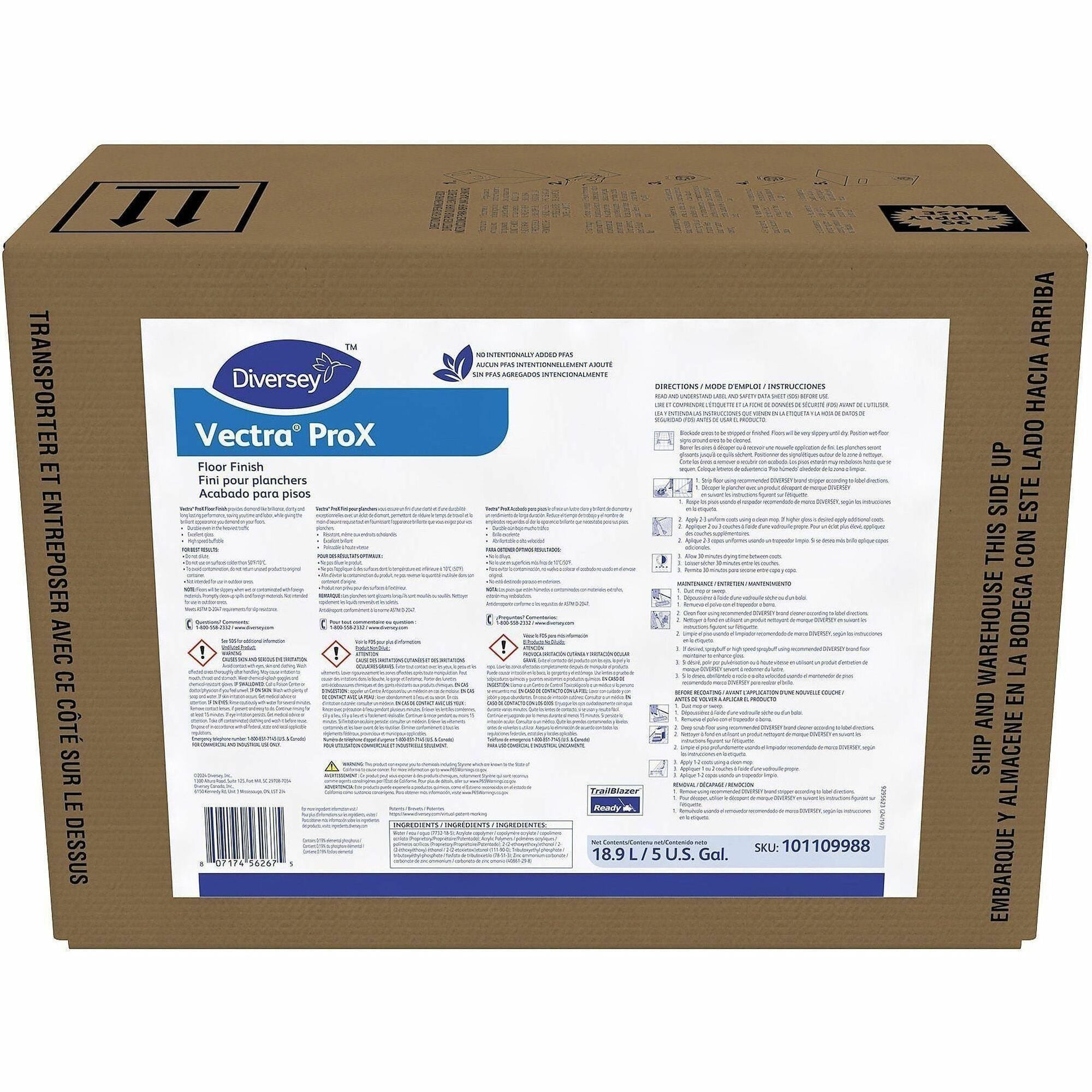Diversey Vectra ProX Floor Finish - For Hard Floor, Polished Surface, Glazed Surface, Ceramic Tile Floor - Ready-To-Use - Liquid - 640 fl oz (20 quart) - 8.6 pH - Ammonia Scent - Durable, Slip Resistant, Odor Resistant, Low VOC - Opaque Off White - 1 Each