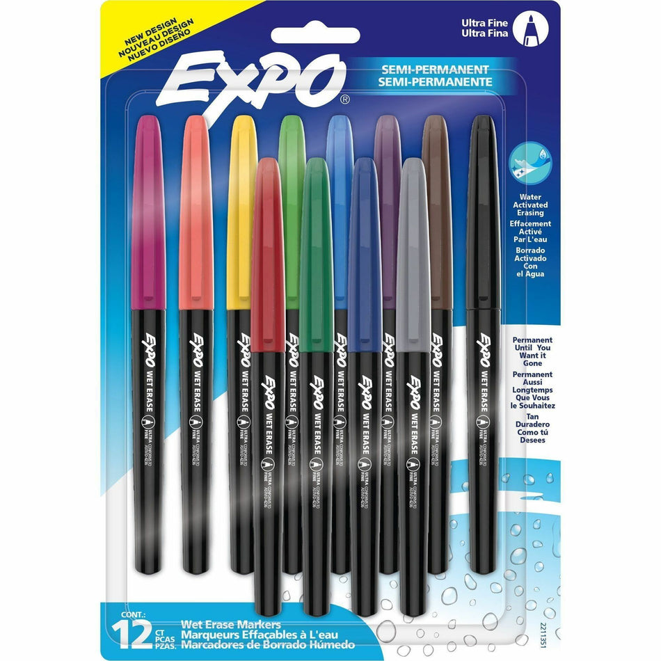 Expo Wet-Erase Markers - Ultra Fine Marker Point - Erasable - Assorted Ink - 12 / Pack