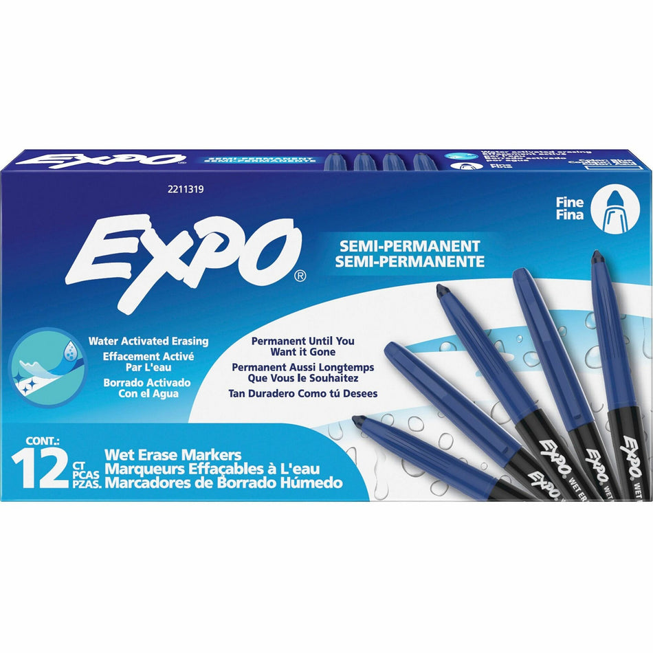 Expo Wet-Erase Markers - Fine Marker Point - Erasable - Blue Ink - 1 Dozen