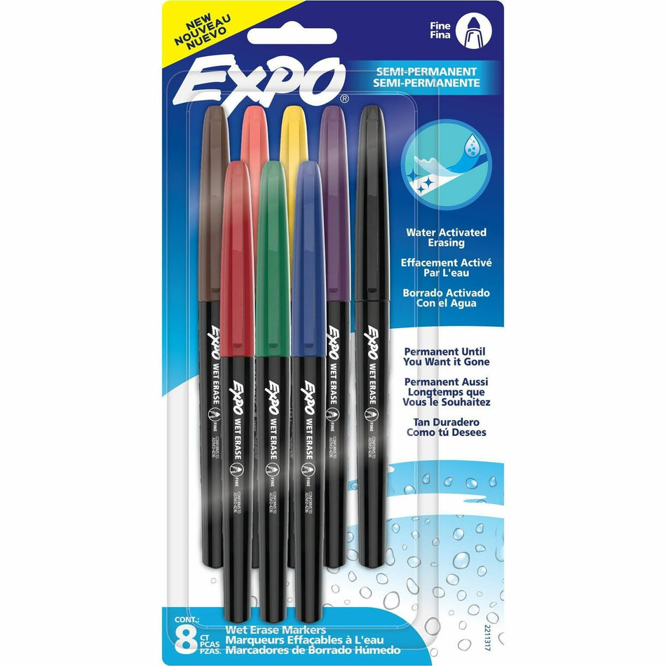 Expo Wet-Erase Markers - Fine Marker Point - Erasable - Assorted Ink - 8 / Pack