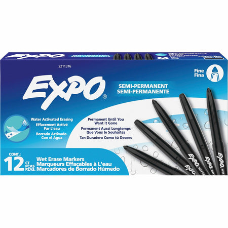 Expo Wet-Erase Markers - Fine Marker Point - Erasable - Black Ink - 1 Dozen
