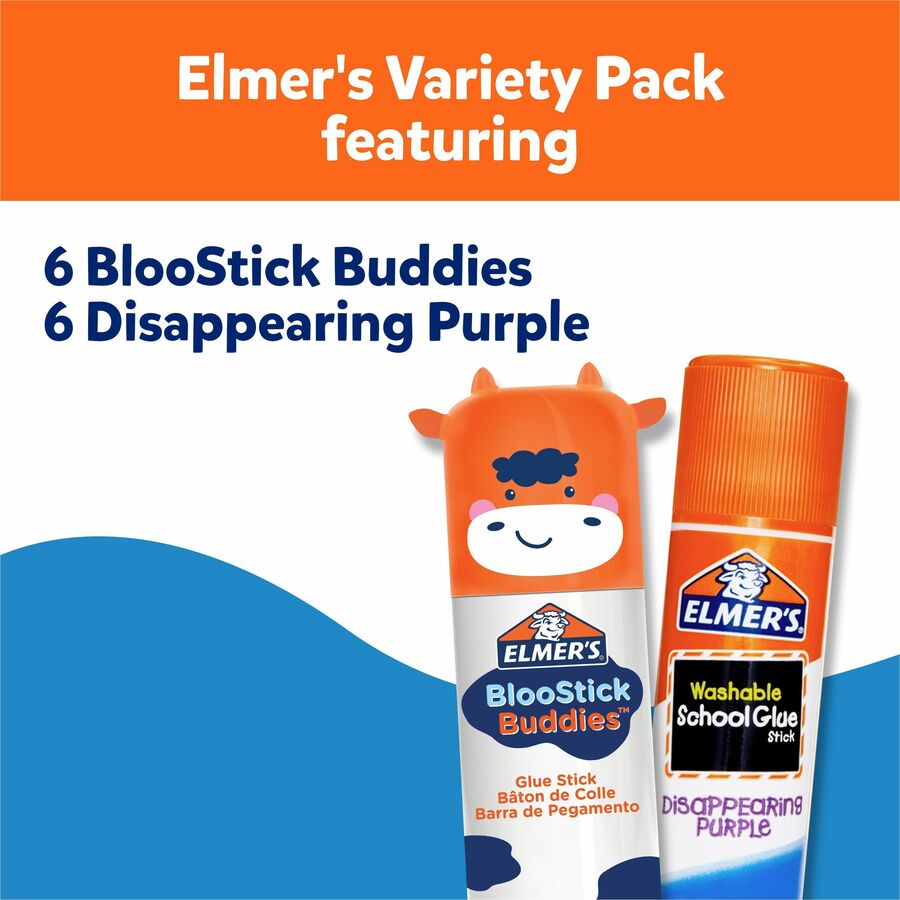 Elmer's BlooStick Buddies and Disappearing Purple Glue Sticks Combo Pack - 0.21 oz - Blue - 12 / Pack