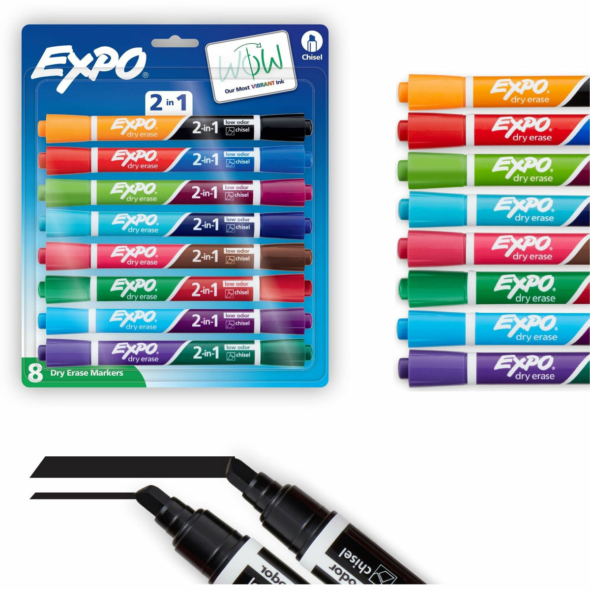 Expo 2-in-1 Dry Erase Markers - Chisel Marker Point - Erasable - Assorted Ink/ - 8 / Pack