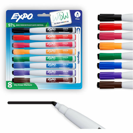 Expo Eraser Cap Fine Magnetic Dry Erase Markers - Fine Marker Point - Erasable - Assorted Ink/ - 8 / Pack