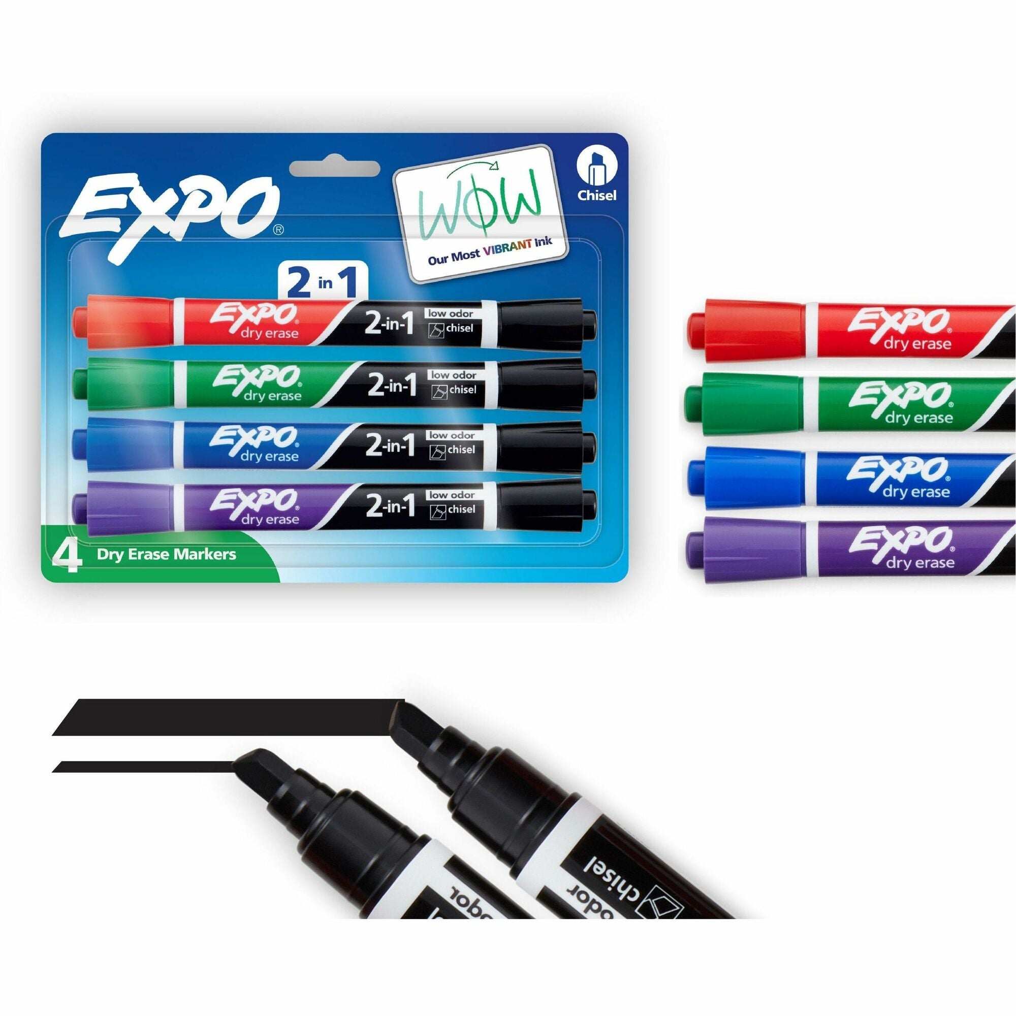 Expo 2-in-1 Dry Erase Markers - Chisel Marker Point - Erasable - Assorted Ink/ - 4 / Pack