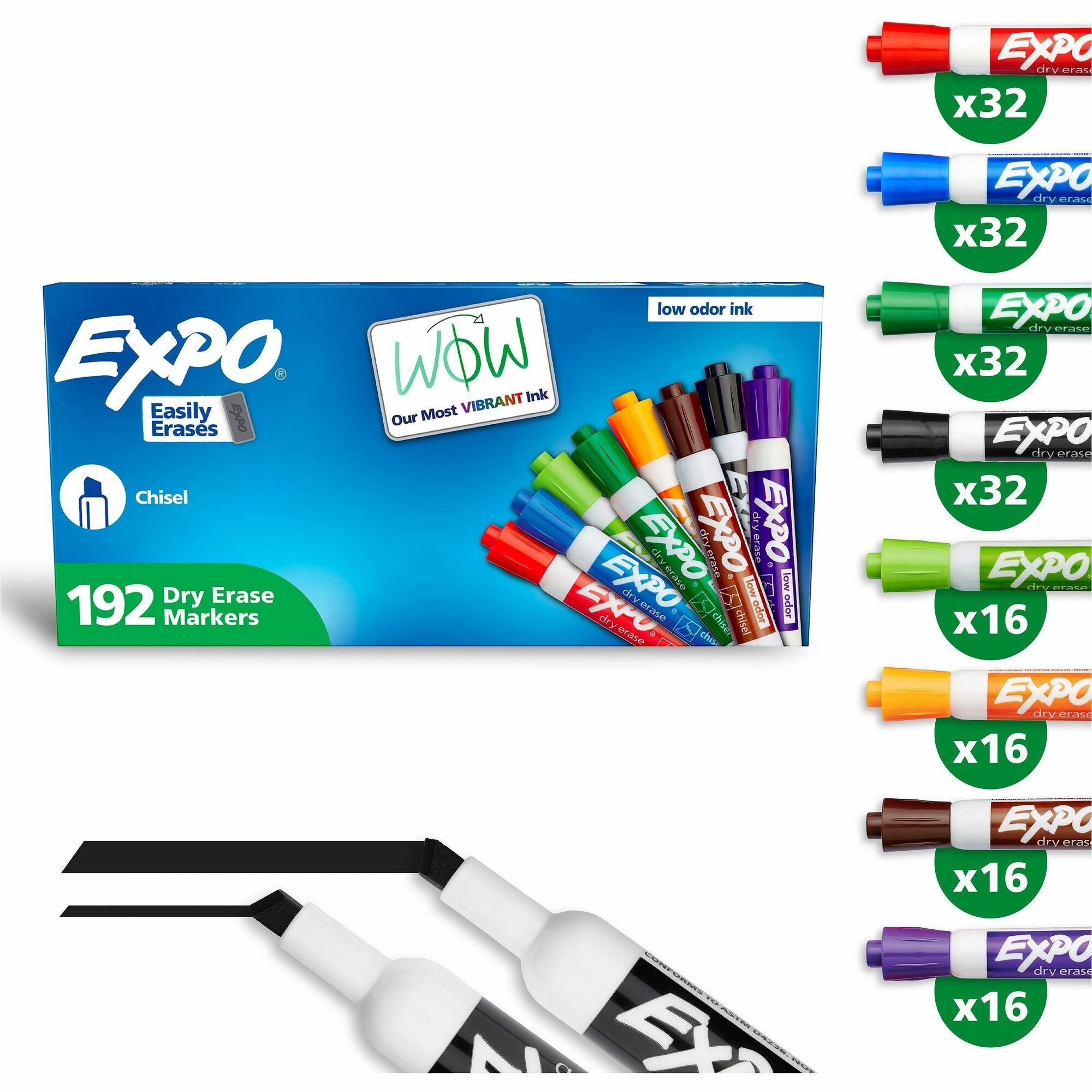 Expo Low-Odor Dry Erase Markers - Chisel Marker Point - Erasable - Assorted Ink/ - 192 / Pack