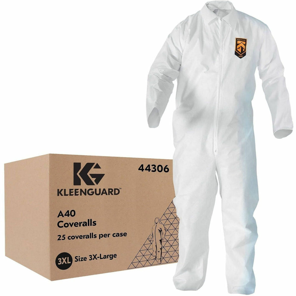 Ansell Health A40 Protection Coveralls - 3-Xtra Large - Liquid, Dry Particle Protection - Film Laminate - White - Zipper Front, Elastic Wrist & Ankle, Elastic Back, Hood, Non-skid, Breathable, Microporous, Anti-static, Disposable - 25 / Carton