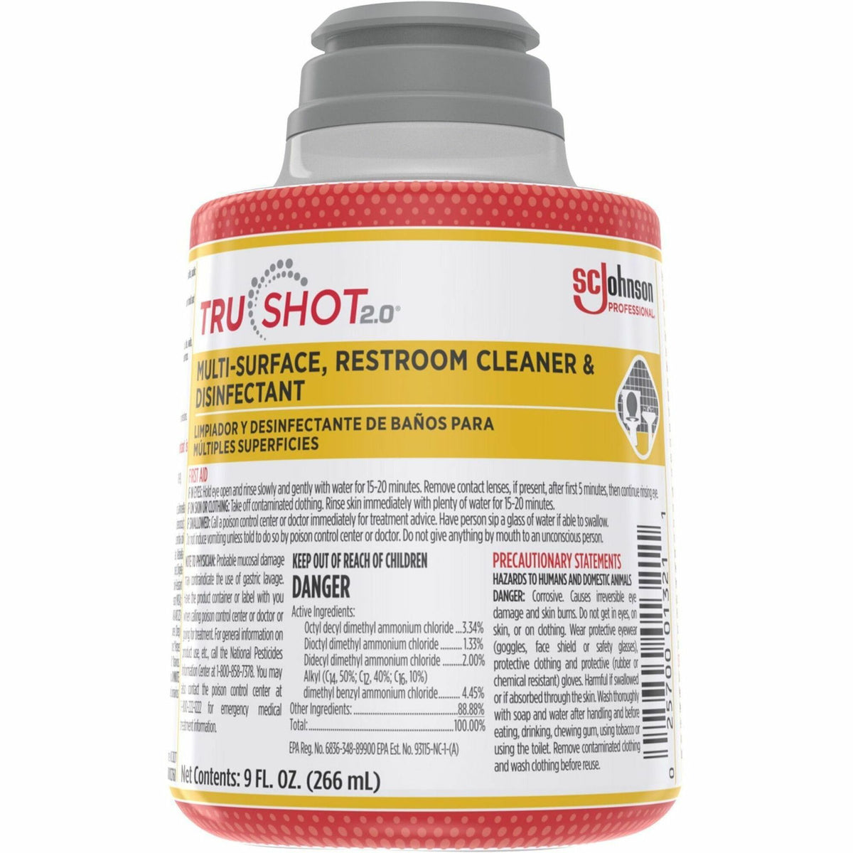 TruShot 2.0 Restroom Cleaner - For Multi Surface, Multipurpose - Concentrate - 9 fl oz (0.3 quart) - Disinfectant, Spill Resistant, Easy to Use, Dilutable - Clear Cartridge - 4 / Carton