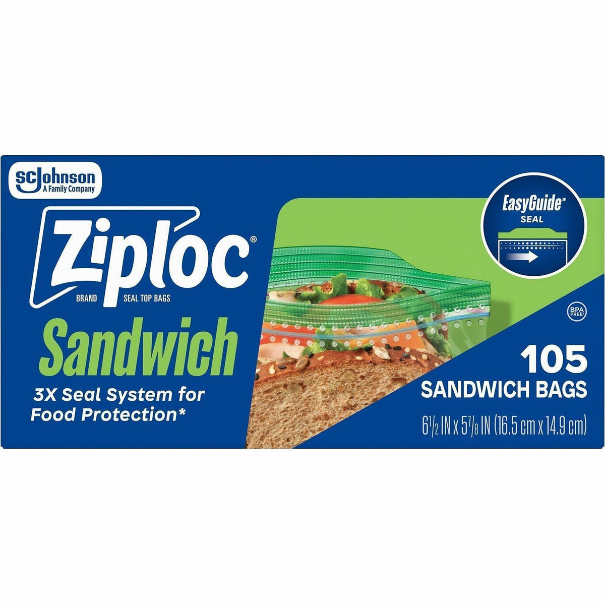 Ziploc® Sandwich Bags - 6.50" - Zipper, Seal Closure - Plastic - Sandwich, Storage, Food, Snack, Fruit, Vegetables - 105 / Box