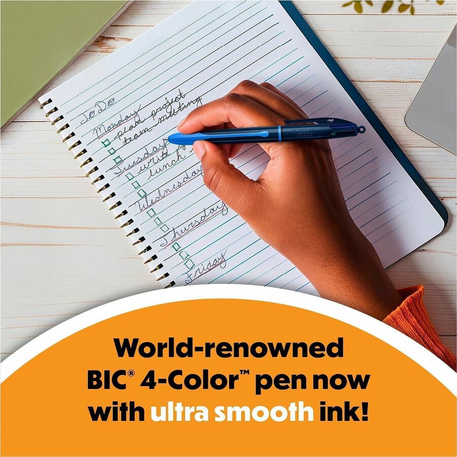 BIC 4-Colours-in-One Multifunction Ball Pen - 1 mm Medium, Conical Pen Point - Retractable - Washable - Multi Ink - Black Round, Blue Barrel - 3 / Pack