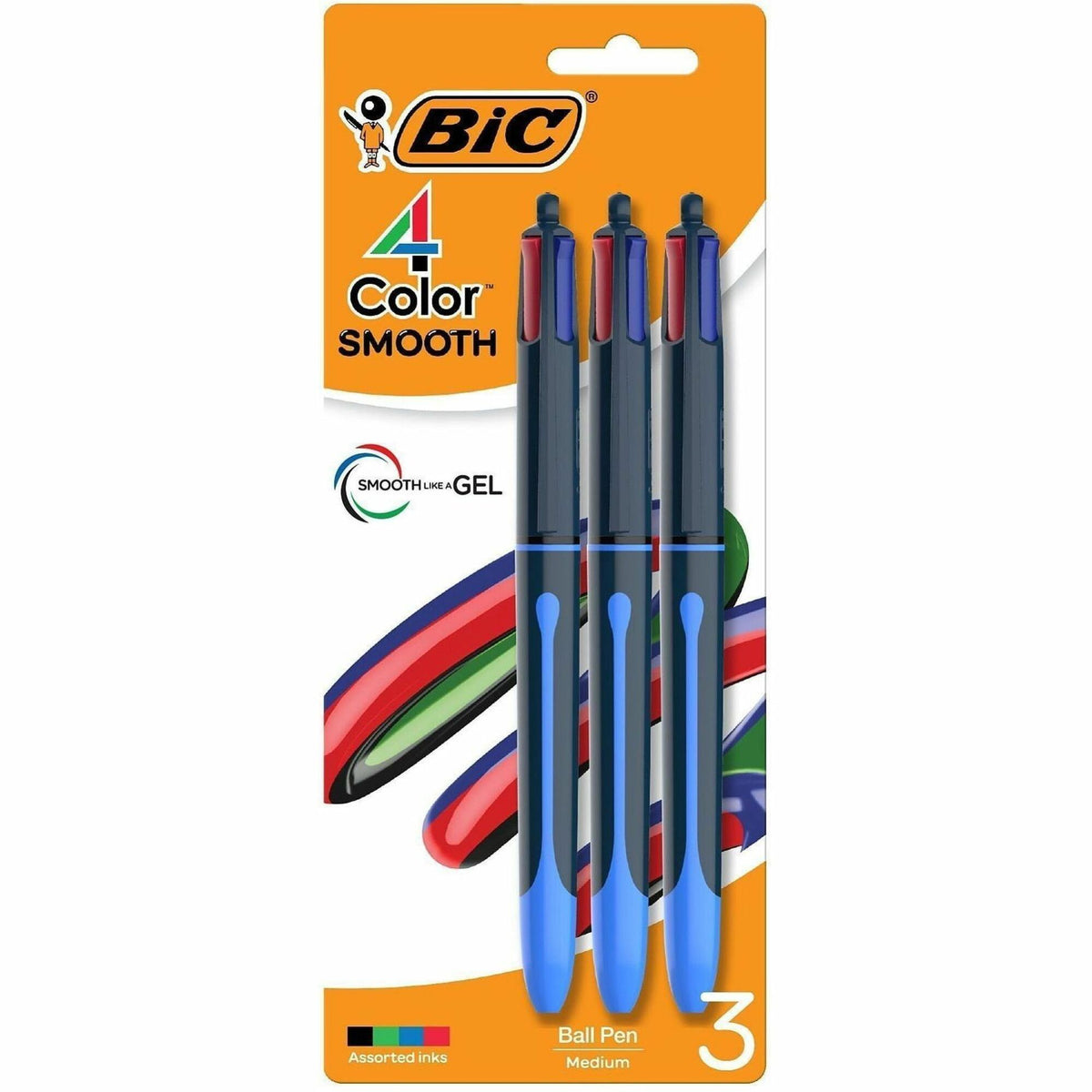 BIC 4-Colours-in-One Multifunction Ball Pen - 1 mm Medium, Conical Pen Point - Retractable - Washable - Multi Ink - Black Round, Blue Barrel - 3 / Pack