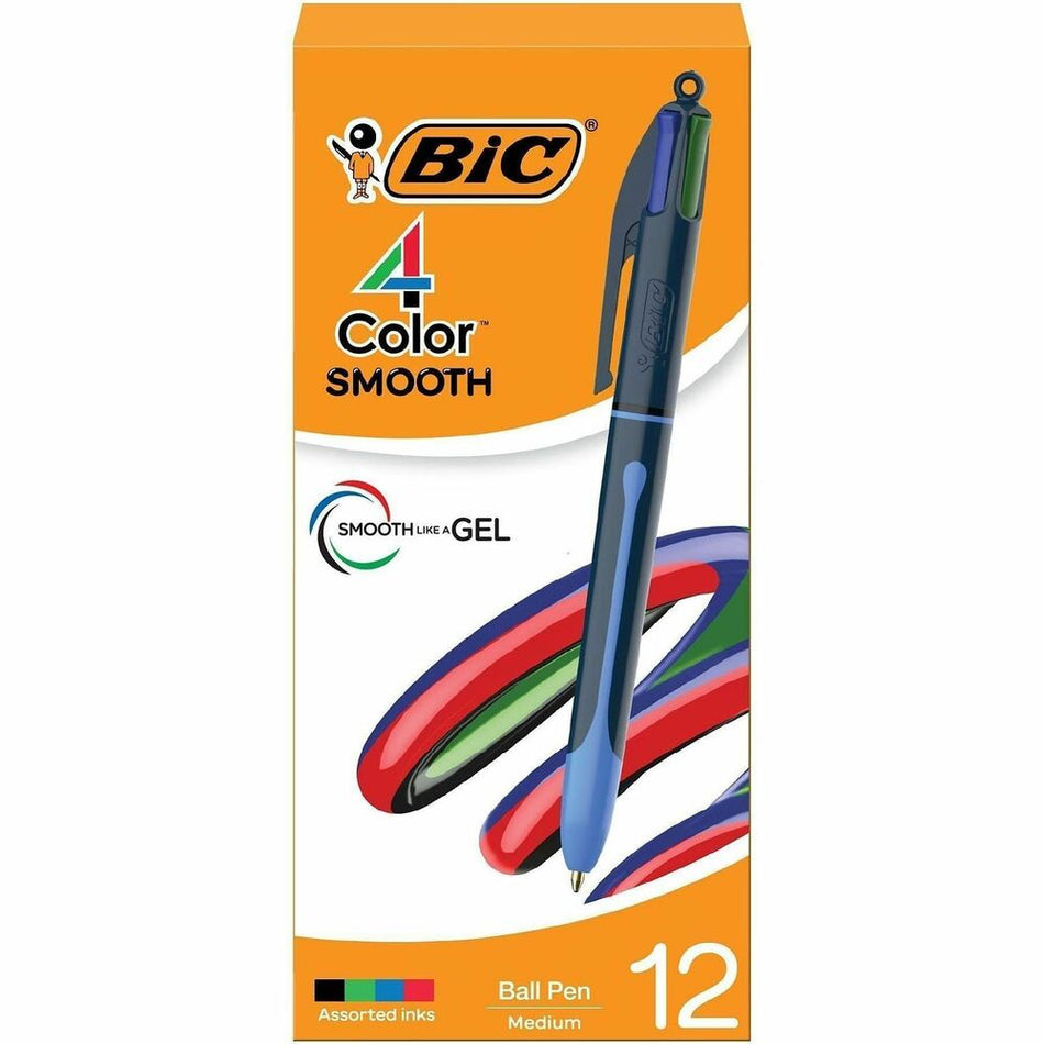 BIC 4-Colours-in-One Multifunction Ball Pen - 1 mm Medium, Conical Pen Point - Retractable - Multi Ink - Black Round, Blue Barrel - 1 Dozen