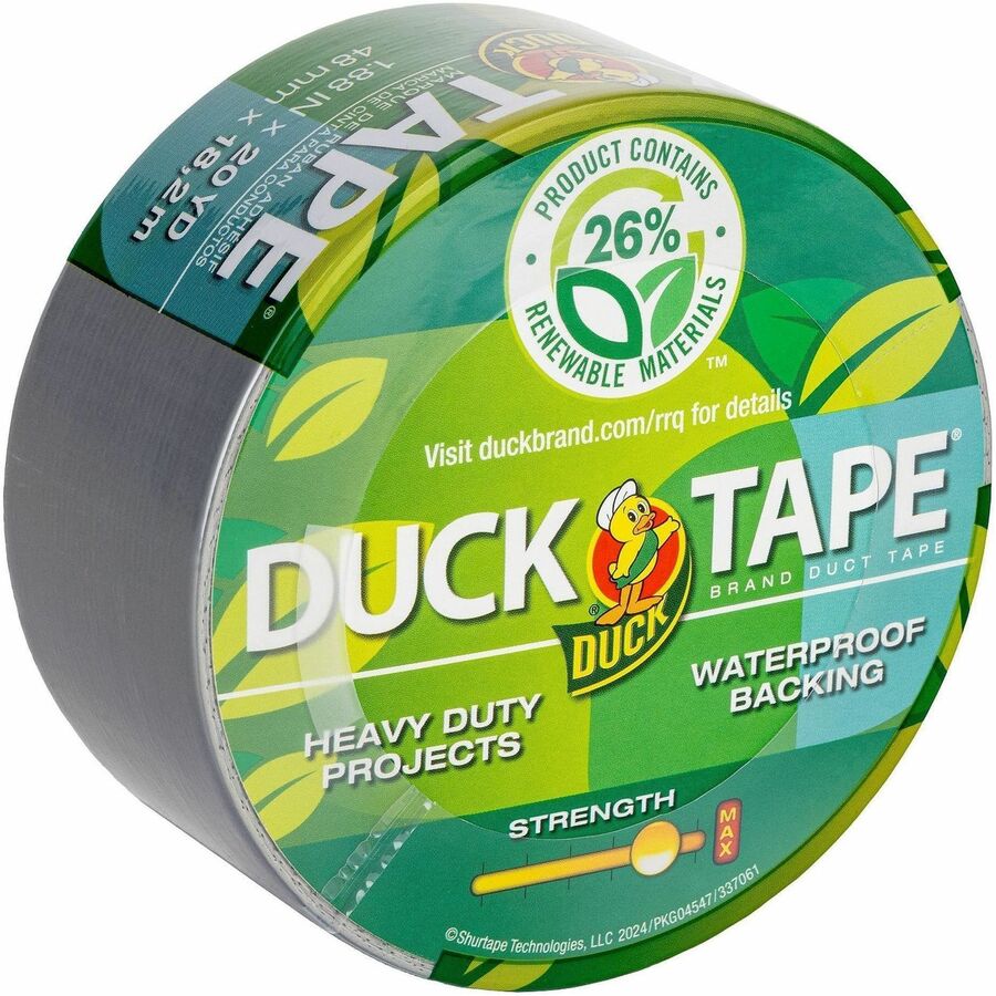 Duck Renewable Material Tape - 20 yd Length x 1.88" Width - Silver - Cloth Backing - Water Proof - For Indoor, Outdoor, Sealing, Bundling - 1 Each
