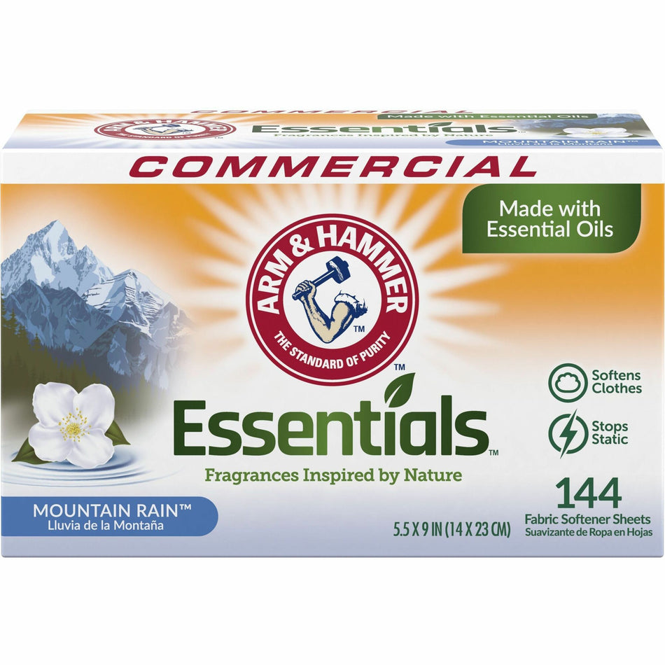 Arm & Hammer Essentials Fabric Softener Sheets - For Laundry, Clothes - Sheet - Mountain Rain Scent - Anti-static, Pleasant Scent, Long Lasting, Machine Washable - White - 144 Sheets/Box - 6 / Carton